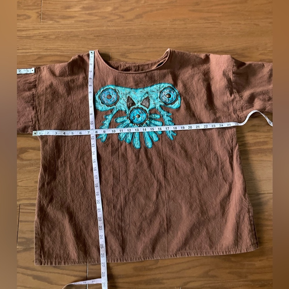 Alfredos Wife SZ L tunic top Brown Turquoise studded Appliqué Bling Vintage - Picture 8 of 9